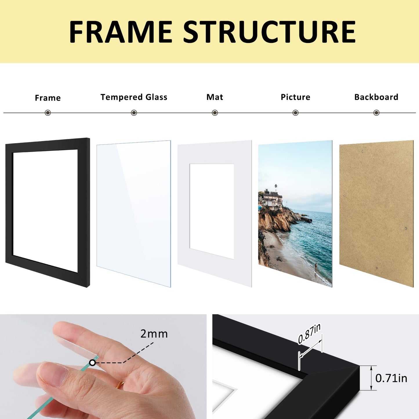 Frametory, 11x14 Frames Display 8x10 Picture with Mat or 11x14 Photo Without Mat, Shatter-Resistant Glass, Pre-Installed Wall Mounting Hardware - Black