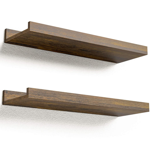 Boswillon Floating Shelves for Wall, Wall Mounted Shelves Set of 2, Rustic Shelves with Lip, Display Picture Ledge Shelf for Wall Decor Living Room Bathroom Kitchen - Brown