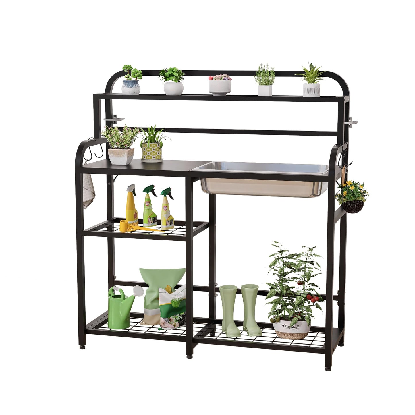 FUXJUM Outdoor Potting Bench Table with Sink & Storage, Heavy Duty Metal Gardening Workbench, 4-Tier Garden Potting Station with Hooks, Adjustable Height Planting Table for Patio Lawn Backyard, Black
