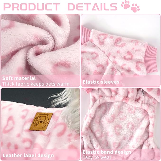 XPUDAC Dog Sweater Leopard Fleece Dog Pajamas for Small Medium Dogs Girl Soft Warm Pet Winter Clothes for Winter Christmas(Pink, XX-Large)