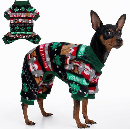 XPUDAC Christmas Dog Pajamas Fleece Dog Sweater Holiday Pet Outfit for Small Medium Dogs Girl Boy Puppy Clothes Onesie, L