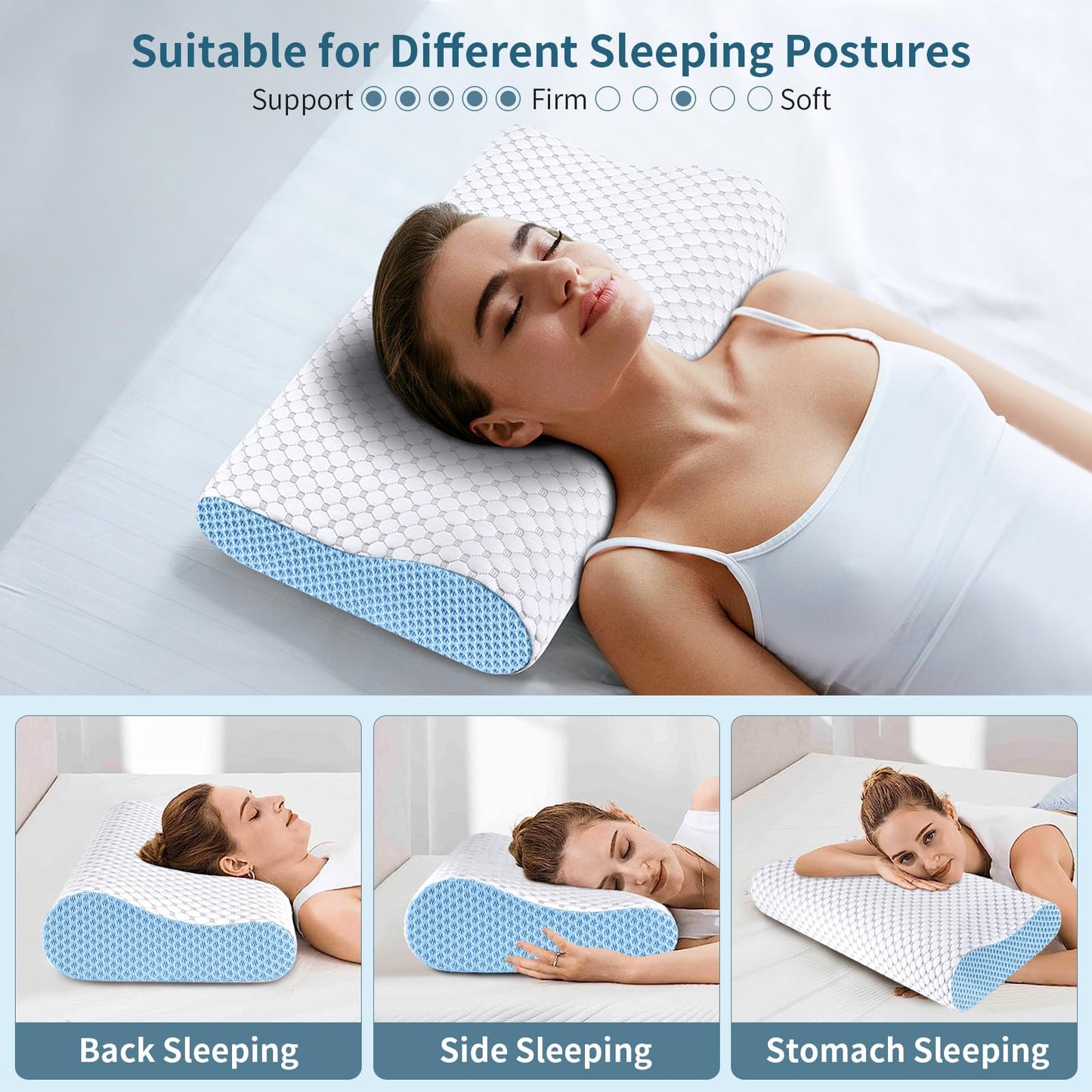 Cervical Neck Pillow for Pain Relief - Ergonomic Contour Memory Foam Pillows, Cooling Side Sleeper Pillow for Sleeping, Orthopedic Bed Pillow for Back Stomach Sleepers with Pillowcase(White & Blue)