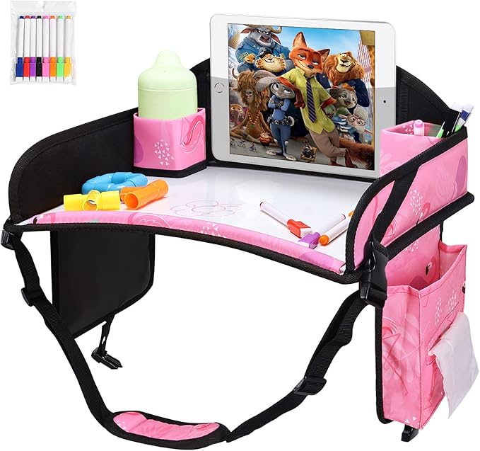 WENRENER 2PCS Kids Travel Tray, Car Seat Tray for kids Travel, Toddler Road Trip Essentials With Drawing Kit, Toddler Lap Desk Organizer for Car, Carseat Table for Airplane