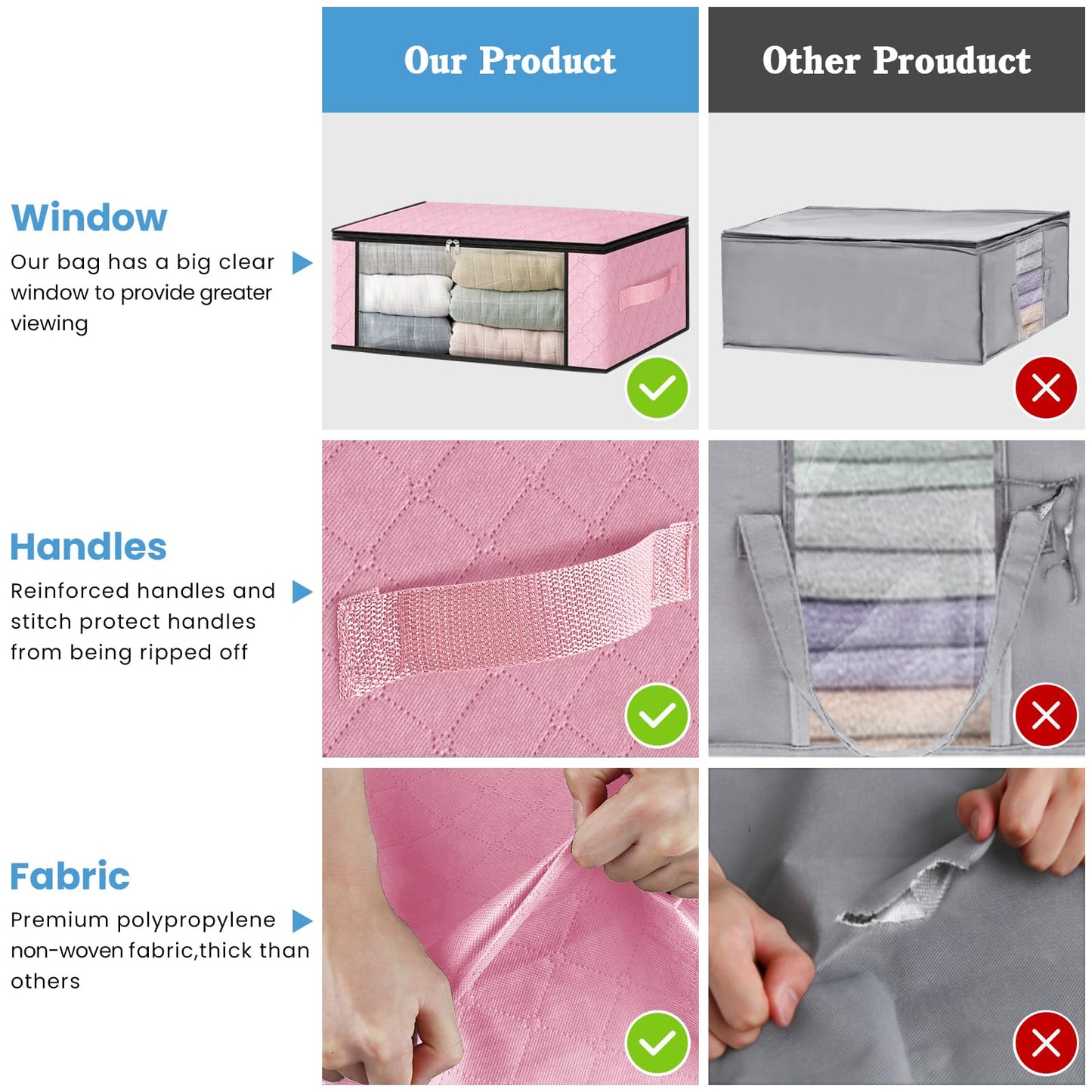 HomeHacks Storage 3-Pack Clothes Organizer Storage Bags Foldable Storage Box with Large Clear Window Sturdy Handles for Closet, Dorm, Pillows, Bedding, Clothes, Blankets, 35L, Pink