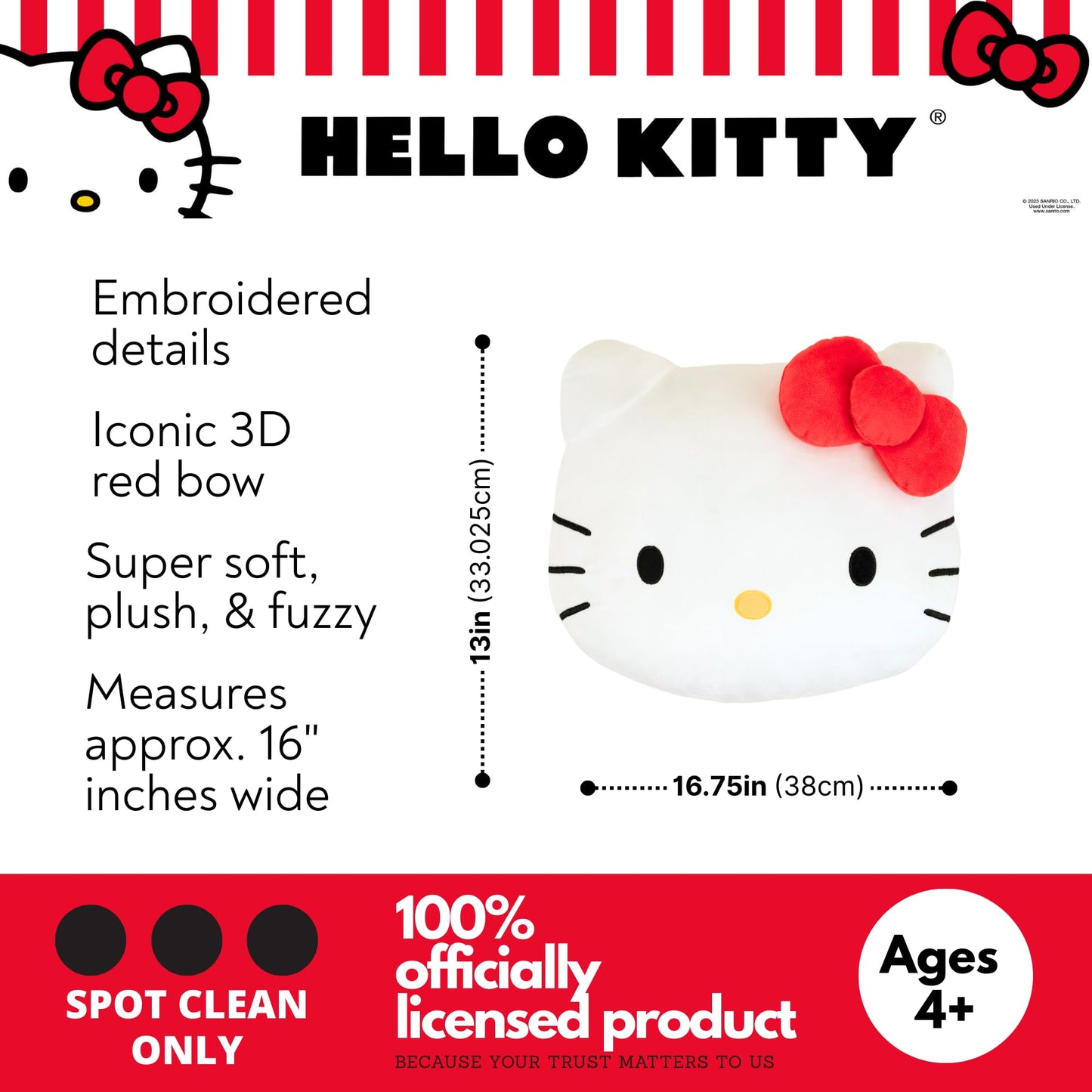Hello Kitty Bedding Plush Cushion Pillow – Soft Plush Throw Pillow for Bedroom Decor & Gifts, 16 inch (100% Officially Licensed Product) by Franco Collectibles