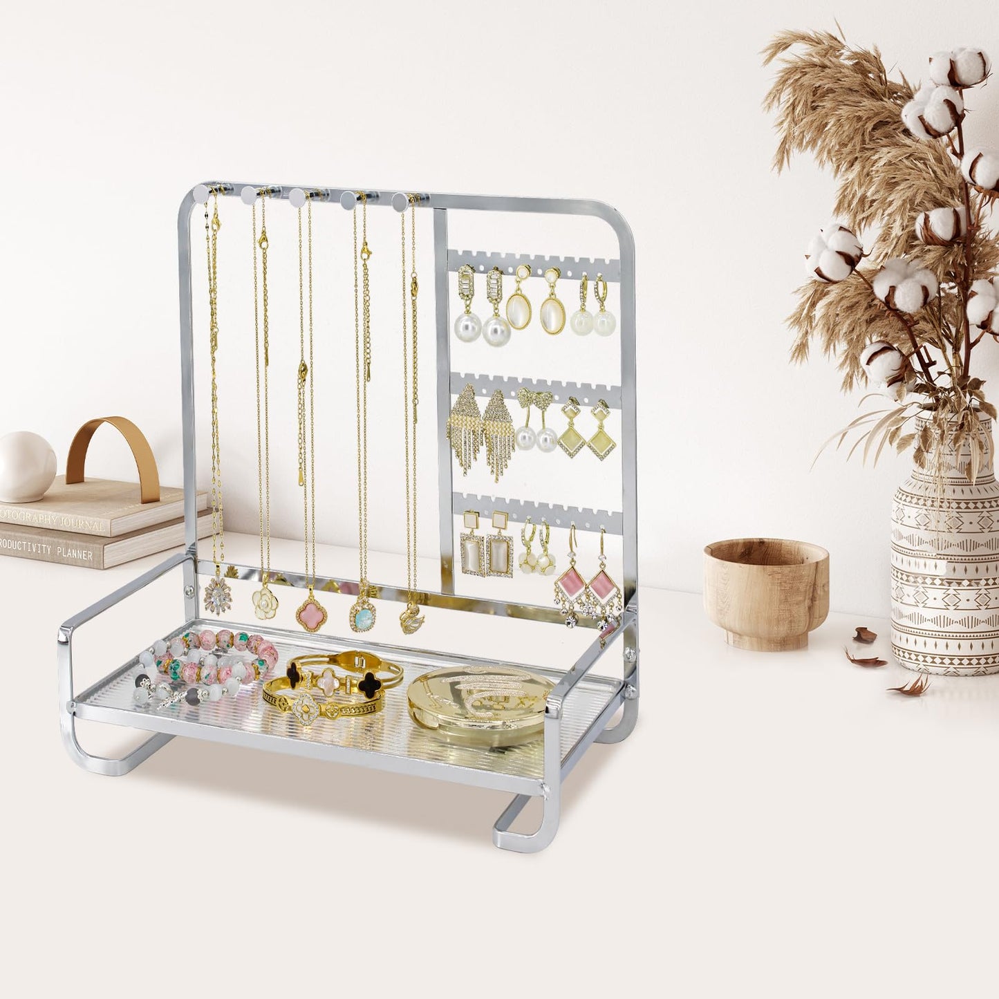 KOOAAICCHI Jewelry Organizer Stand Metal Jewelry Rack with Acrylic Tray Necklace Storage Holder Fashionable Display Stand for Rings, Earrings & Bracelets (Silver)