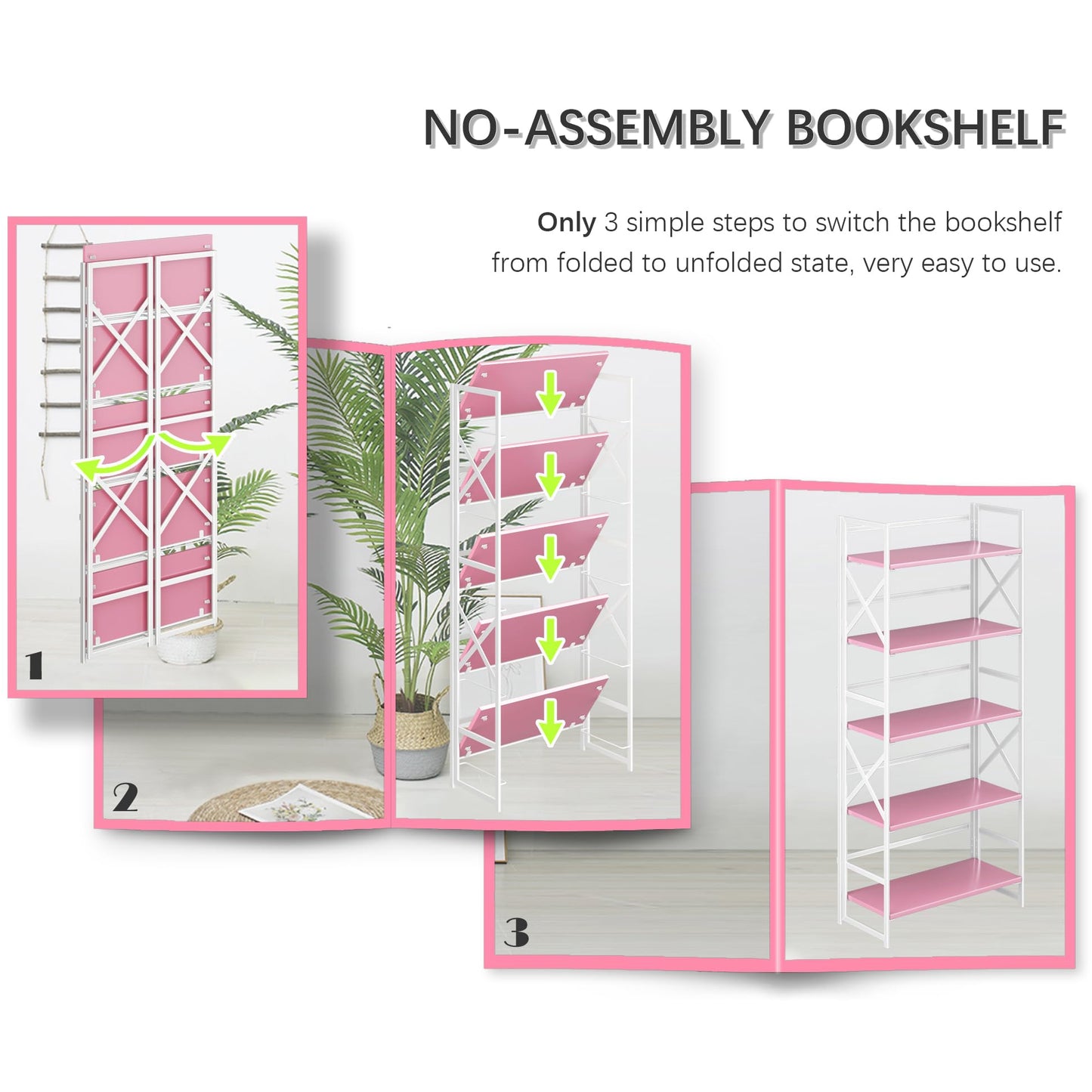 4NM 5 Tiers No Assembly Book Shelves, 51.2" H Folding Bookshelf Bookcase Open Industrial Foldable Shelves for Bedroom, Living Room, Home Office - Pink White