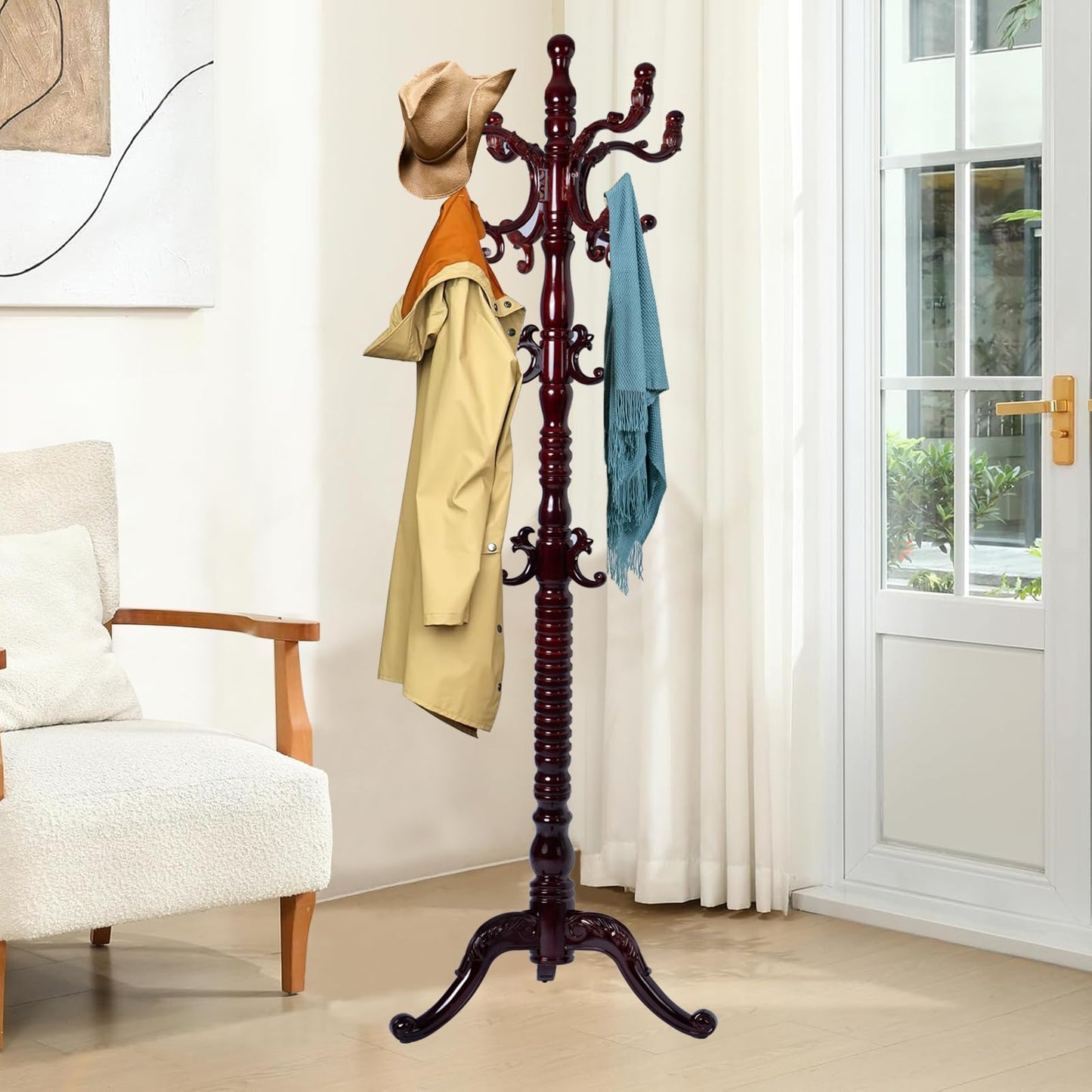 Zacammy Wood Coat Rack Freestanding, Natural Coats Tree Stand with 14 Hooks, 73" Sturdy and Easy Assembly Coat Rack Stand for Entryway, Hallway, Bedroom, Bags, Hats (Tri-legged Base, Rosewood)