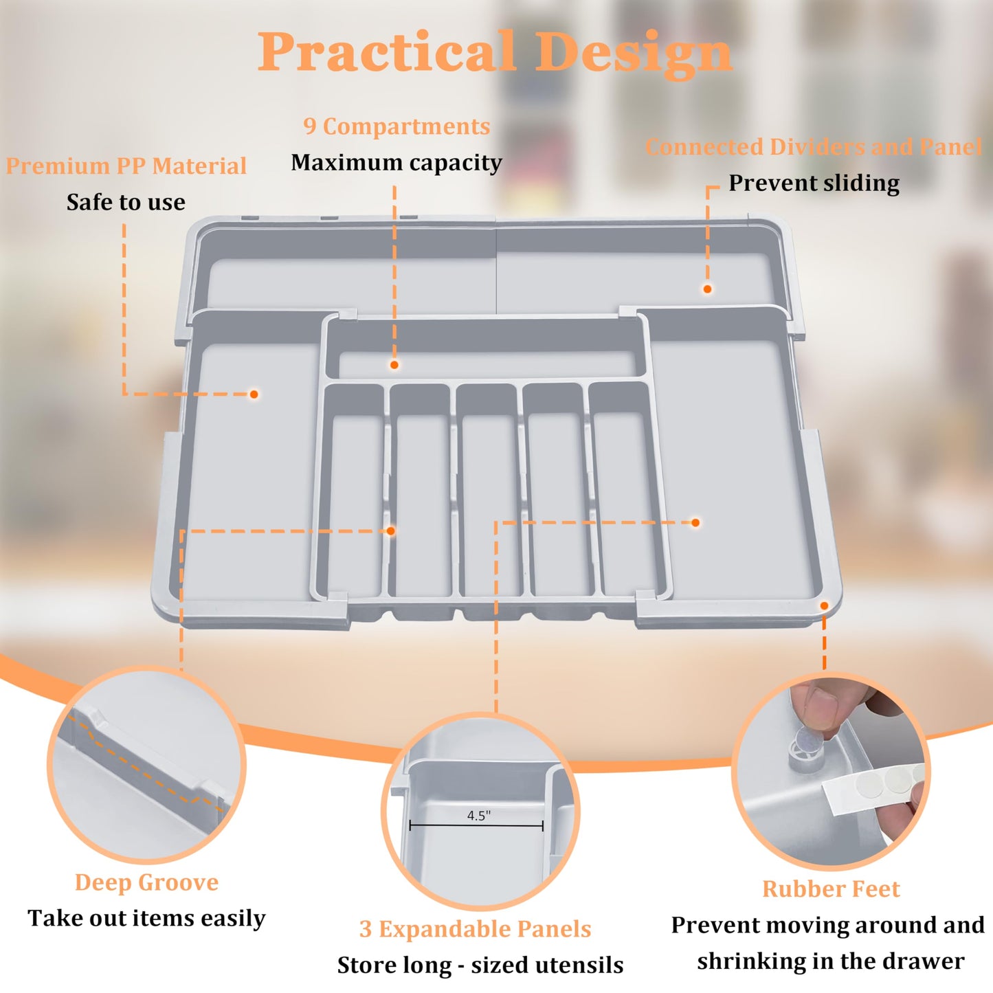 Silverware Organizer Expandable Kitchen Drawer Organizer Adjustable 22"x 19" Utensil Organizer with Rubber Feets Cutlery Drawer Organizer for Spoons Forks Knives Kitchen Organizers and Storage Grey