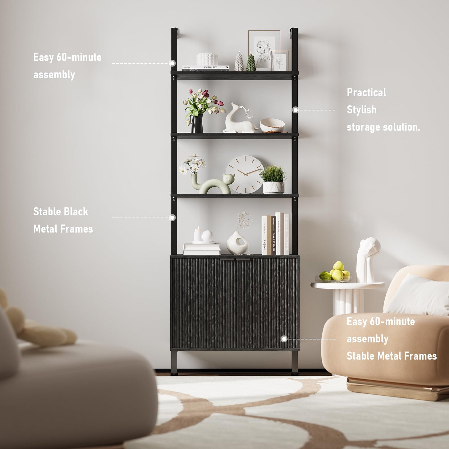 INNOD 74" Tall Bookshelf with Storage Cabinet, Modern Ladder Shelf with Wood and Metal Frame, Wall Mount Bookcase Open Display Shelf Furniture for Living Room, Bedroom, Home Office，Black