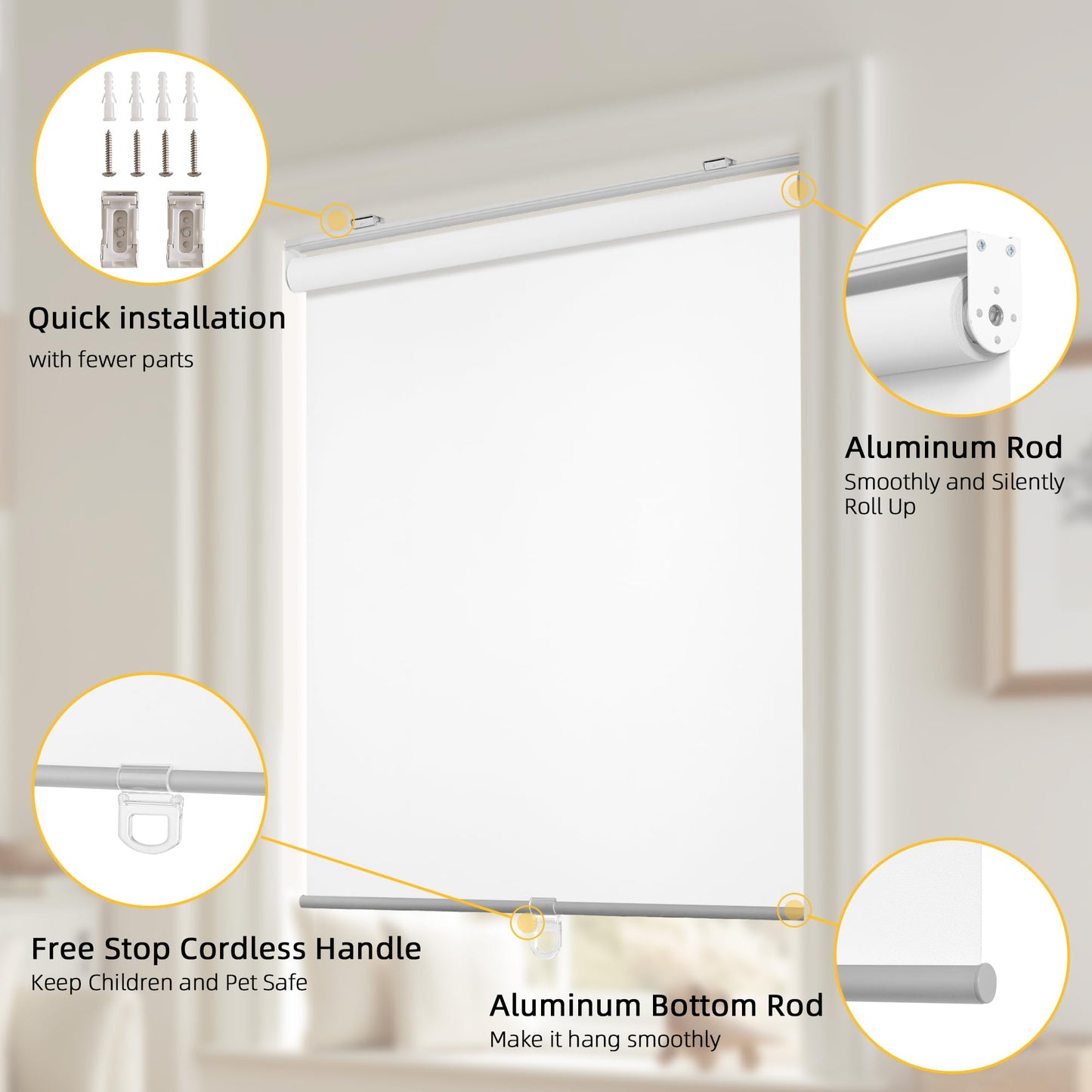ChrisDowa Cordless Free-Stop 100% Blackout Blinds for Windows, Roller Windows Shades with Thermal Insulated, UV Protection Fabric for Living Room, Office and Home.White,40" W X 72" H