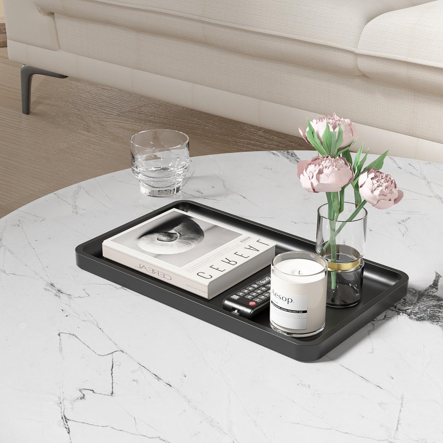Weenson Black Bathroom Vanity Tray for Countertop Decor Perfume Makeup Toiletries Toilet Tank, Large Bamboo Kitchen Tray for Spice Salt, Serving Tray for Food Coffee, Nightstand Candle 14.2”x8.3”