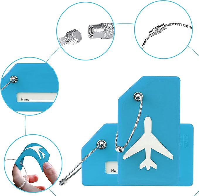 Gostwo 2 Pack Silicone Luggage Tags for Suitcases, 26 Initial Letter Baggage Labels Handbag School Bag Suitcase Instrument Tag with Stainless Steel Loop(Sky Blue)(Airplane)