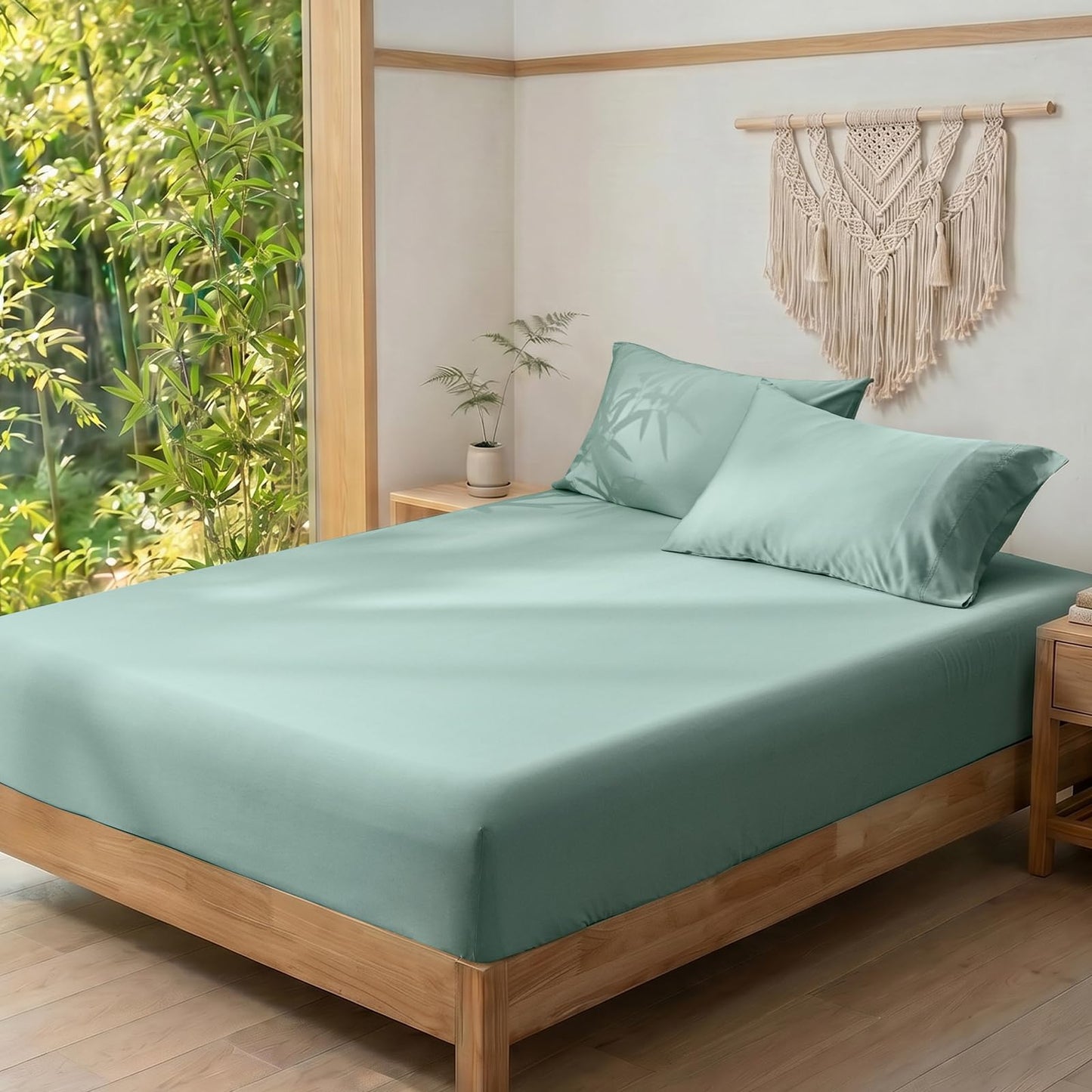 David's Home Cooling Fitted Sheet Queen Size, 100% Rayon Derived from Bamboo, 16" Deep Pocket 2.5cm Wider Elastic, Luxury Smooth Silky Soft Breathable Bottom Sheet for Hot Sleeper, Sage Green