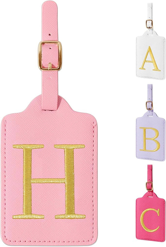 Personalized Initial Luggage Tags for Suitcase, Pink Leather Cute Luggage Tags with Privacy Cover Name Card, Embroidered Custom Monogrammed Luggage Tag Travel Bag Baggage Tags Gifts for Women Kids(H)