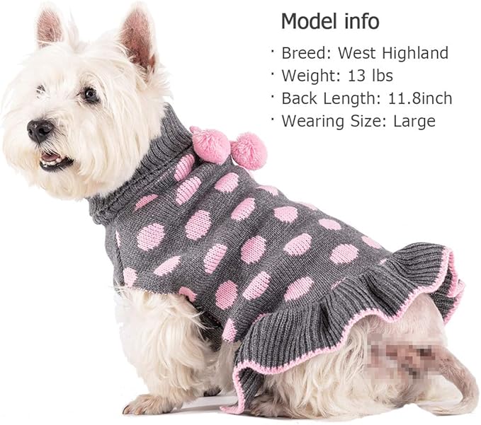 KYEESE Dog Sweaters with Leash Hole for Small Dogs Turtleneck Dog Sweater Dress for Girl Polka Dot Knit Pullover Doggie Sweater Warm Pet Sweater