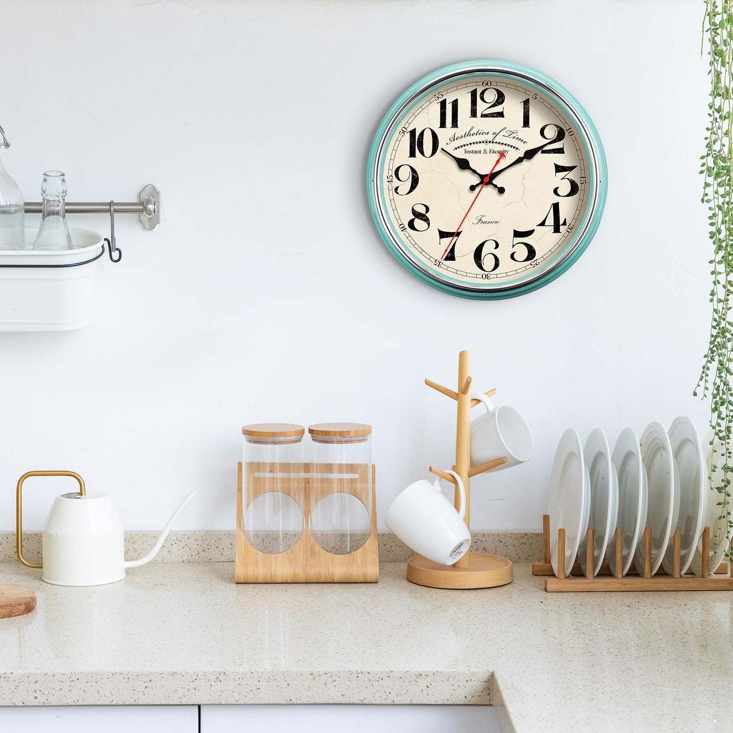 HYJOOY Countryside Wall Clock Metal 12.4" Vintage Retro Wall Clocks Silent Non Ticking Easy to Read for Living Room, Kitchen, Bedroom, Office, Bar(12.4" Turquoise)