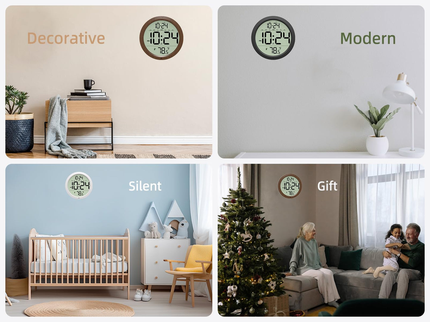 Digital Wall Clock Battery-Operated, 8 Inch Small Decorative Modern Wall Clock with Date, Temperature, Auto-DST, Silent Electric Wall Clock for Bedroom, Living Room, Kitchen, Office, Farmhouse -Black