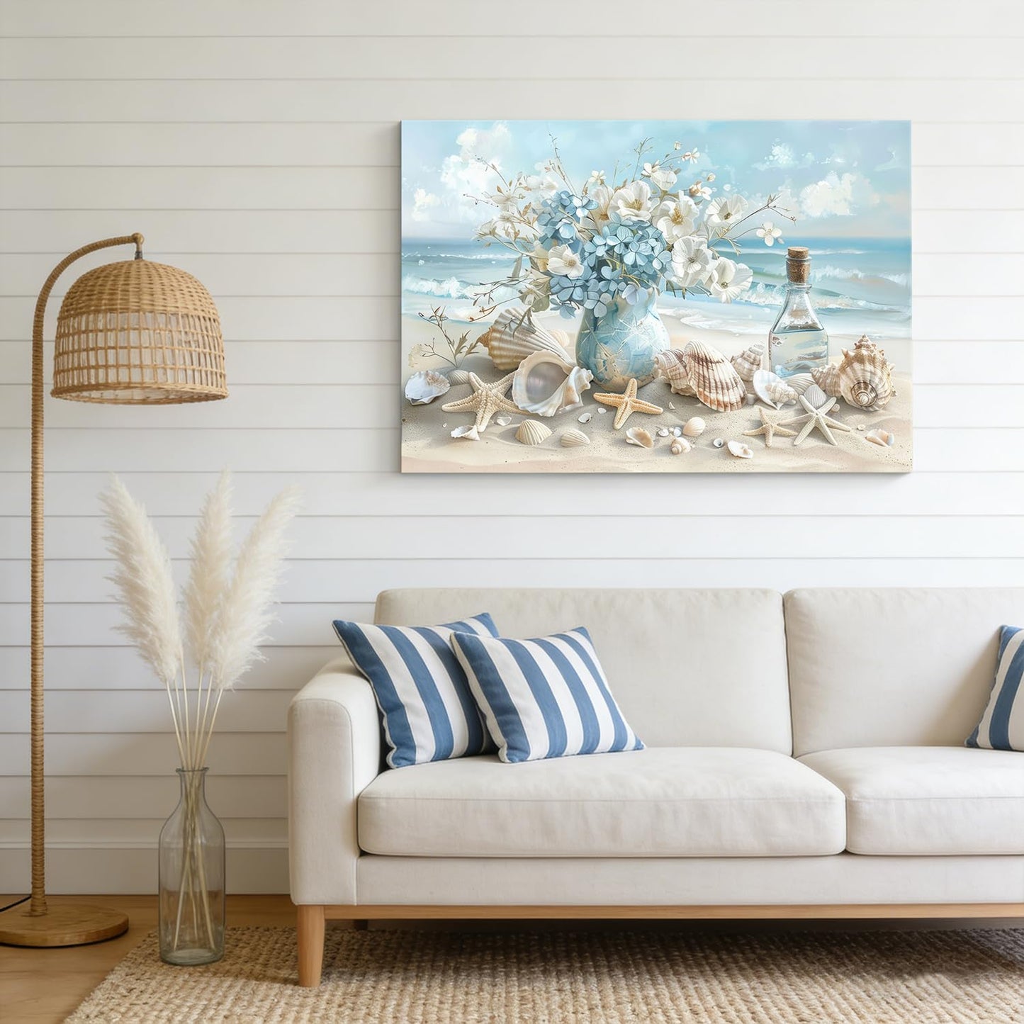 Blue Ocean Beach Bathroom Canvas Wall Art Seaside Seashell Painting Picture Wall Decor Starfish with White Flower Coastal Poster Print Artwork for Living Room Bedroom Bathroom Decor 12x16 in Canvas