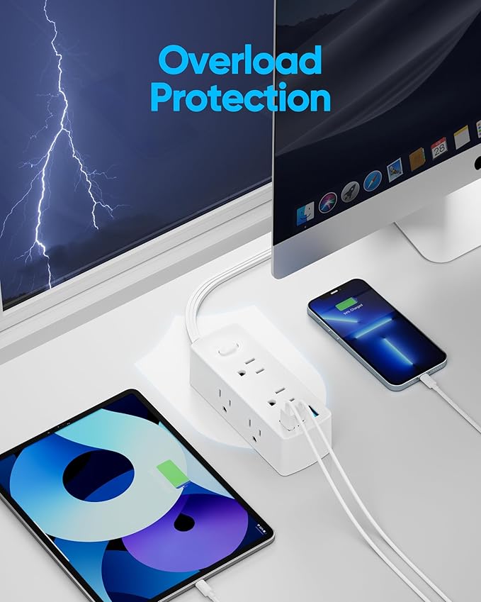 Flat Extension Cord 15ft, Olcorife Flat Plug Power Strip with 6 Outlets 3 USB Ports(1 USB C), 3-Side Outlet Extender Surge Protector for Home Office Dorm Room Essentials, White