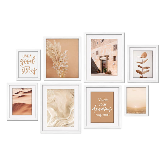 ArtbyHannah Gallery Wall Frame Set for Living Room, White Picture Frames Collage Wall Decor with Neutral Art Prints for Stairway, Dining Room, 8 Pack Assorted Size-11"x14", 8"x10", 6"x8"