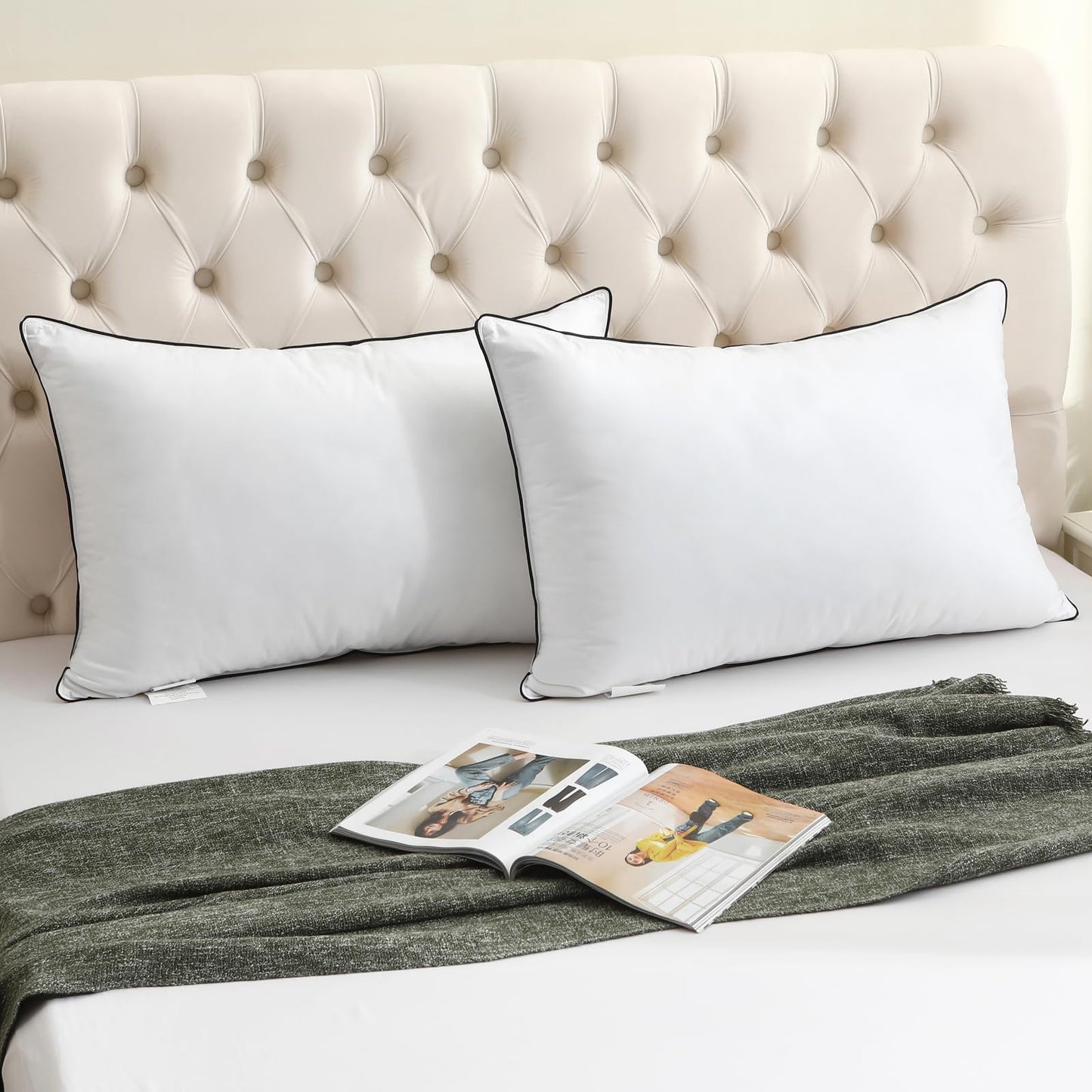 BPC Luxury Hotel Goose Feather Down Pillows Queen Size Set of 2, Medium Firm Bed Pillows for Sleeping, Organic Cotton Cover, Soft Yet Supportive Down Alternative Surround, RDS Certified, White 20"x30"