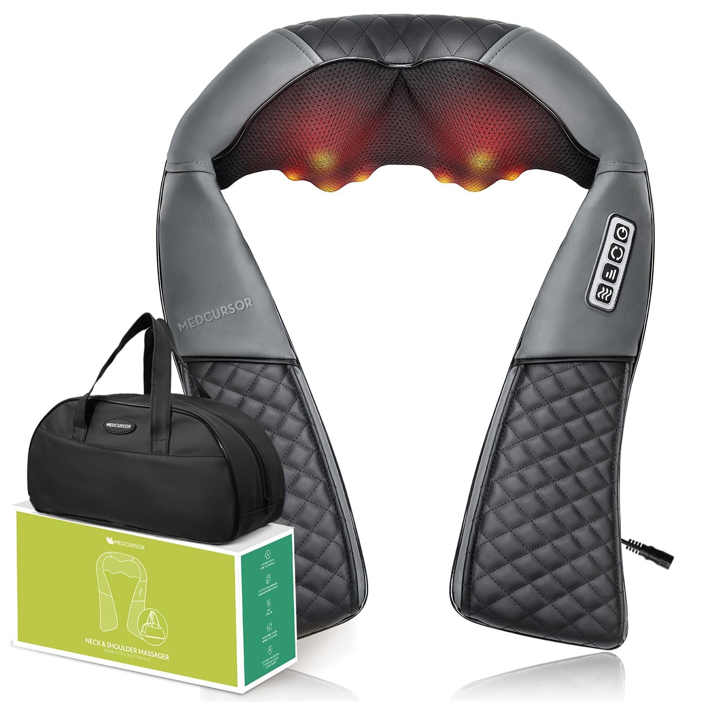 Medcursor Neck Massager - Portable Electric Shiatsu Back Massage Device with Heat, Deep Tissue 3D Kneading Pillow for Muscle Pain Relief, Valentines Day Gifts - Includes Carry Bag (No Battery)