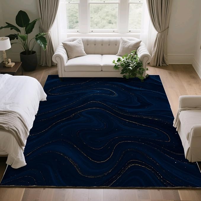 Luxury Marble Rugs - 7x10 Area Rug, Navy Blue Marble Area Rugs, Modern Abstract Living Room Rug, Washable & Non Slip Large Rug Home Decor