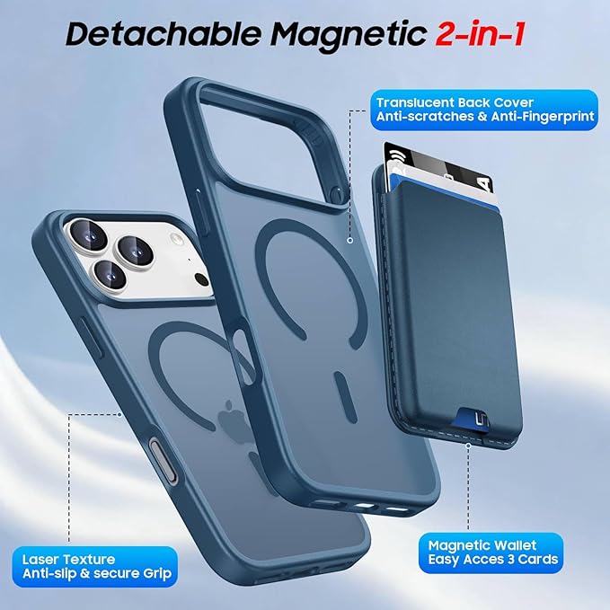 Ntwinro Magnetic for iPhone 17 Pro Max Case (Compatible with MagSafe) with Detachable Wallet & Card Holder for 3 Cards [RFID Blocking] Military Grade Protective Slim Phone Cover, Deep Blue