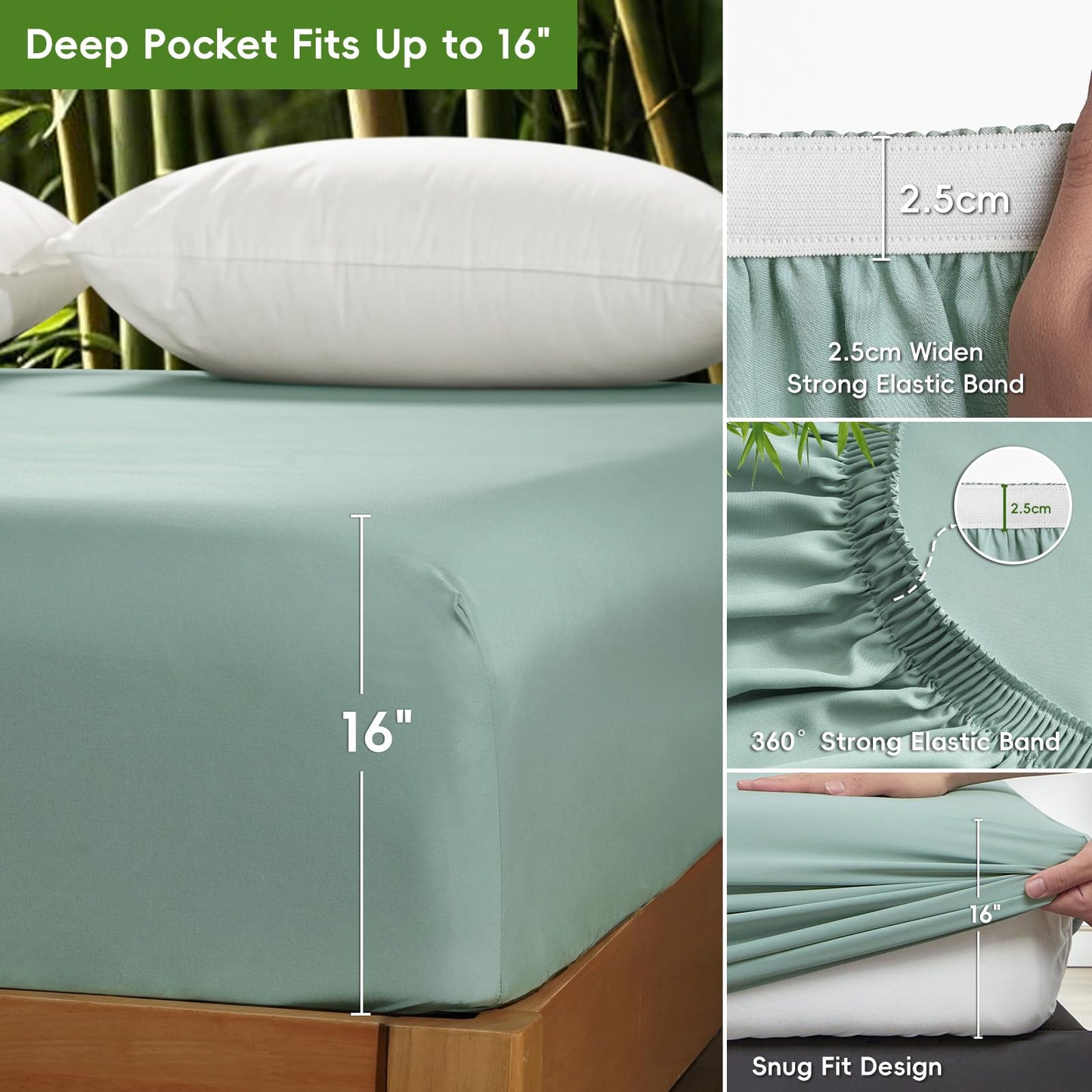 David's Home Cooling Fitted Sheet Queen Size, 100% Rayon Derived from Bamboo, 16" Deep Pocket 2.5cm Wider Elastic, Luxury Smooth Silky Soft Breathable Bottom Sheet for Hot Sleeper, Sage Green