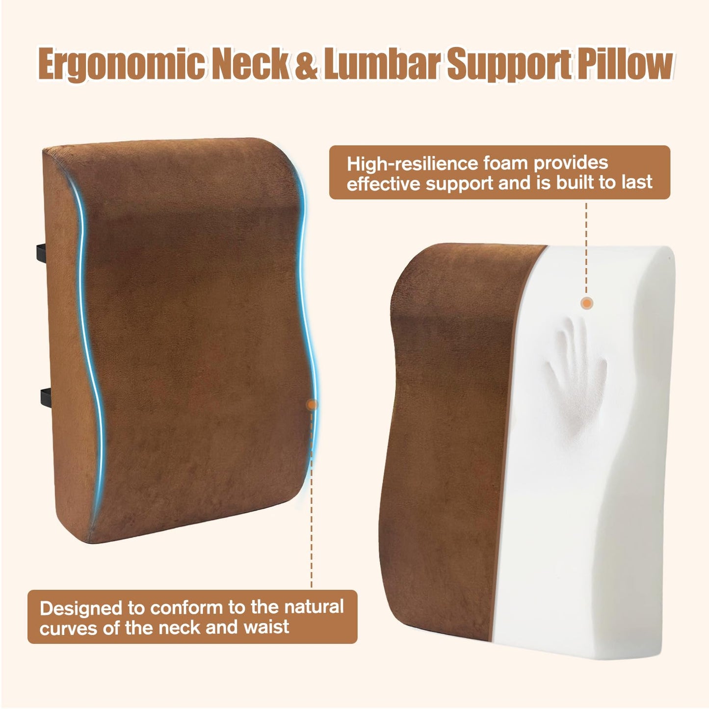 Recliner Neck and Lumbar Support Pillow, 2 in 1 Ergonomic Foam Cushion with Anti-Slip Backing & Adjustable Straps for Chair, Sofa, or Glider