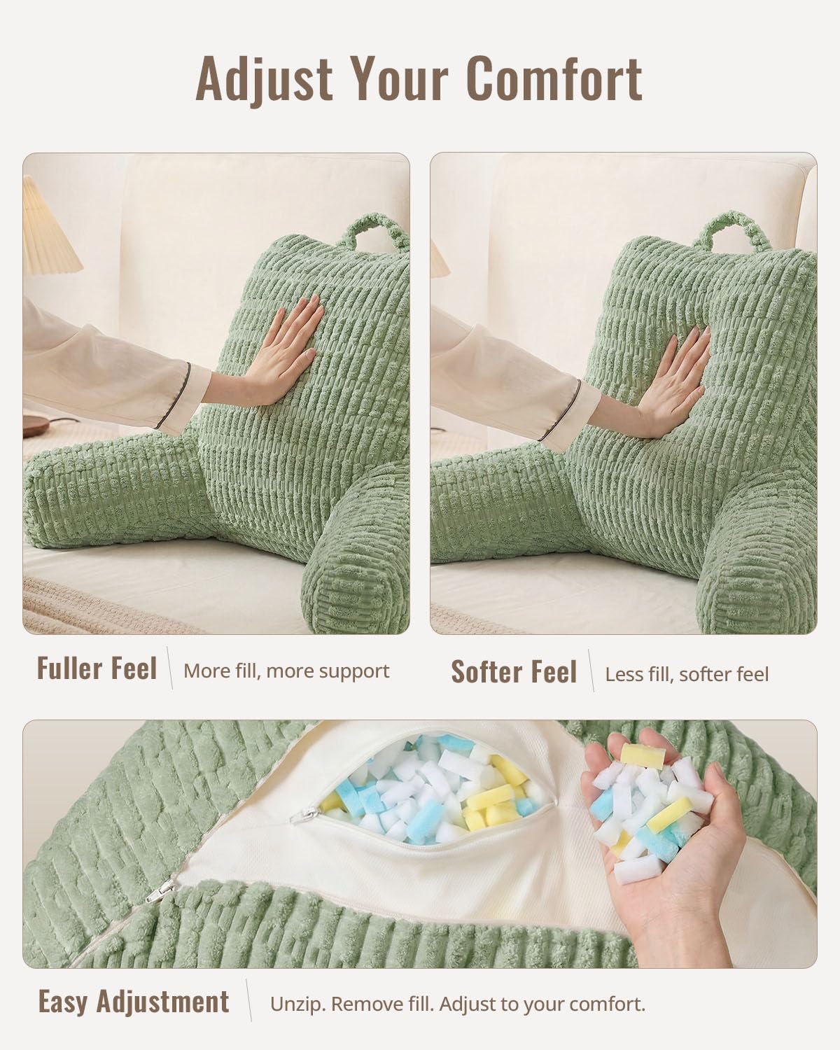 Blissful Diary Reading Pillow, Backrest Pillow with Shredded Memory Foam for Adult & Children, Designed for Bed and Couch Sitting Up, Includes Arms, Pockets and Washable Cover, Sage Green