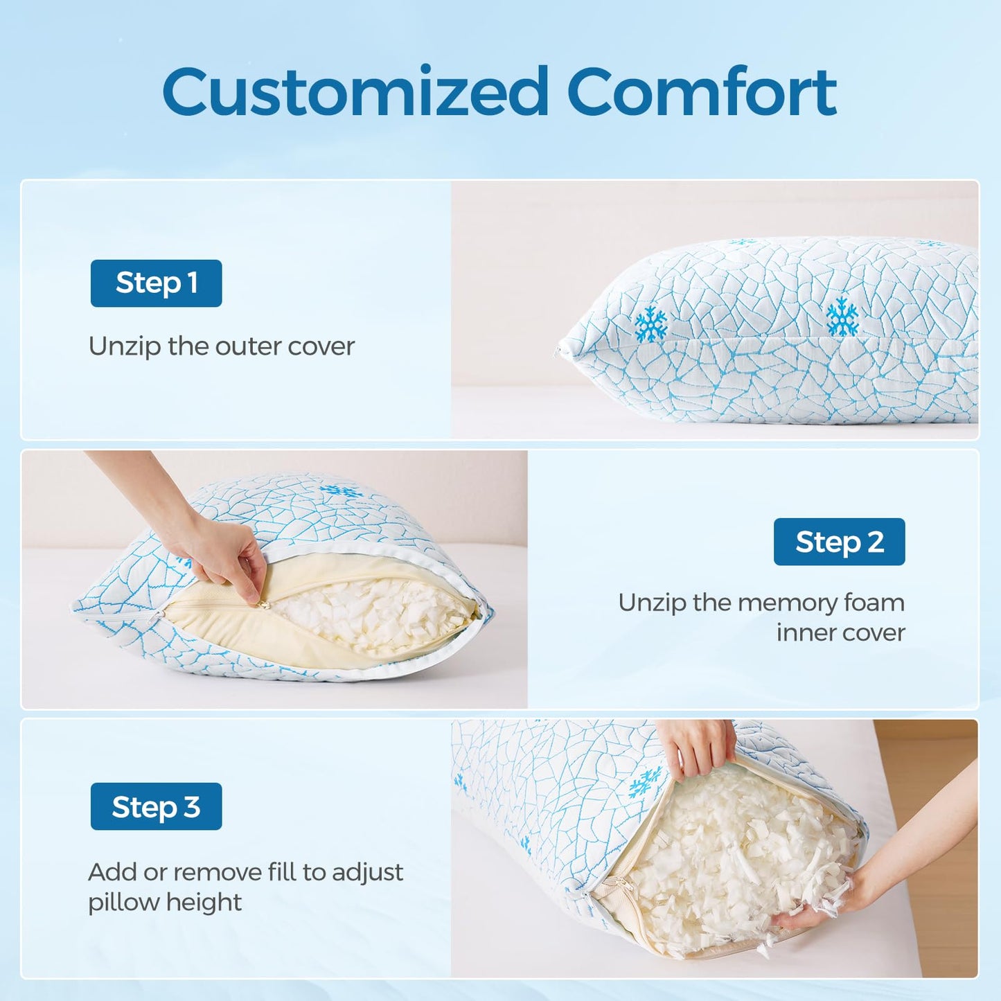 COSYTREE Pillows Queen Size 2 Pack Shredded Memory Foam, Adjustable Height Side Sleepers Pillow with Washable Cover for Back and Stomach Sleepers (Queen（2 Pack）)
