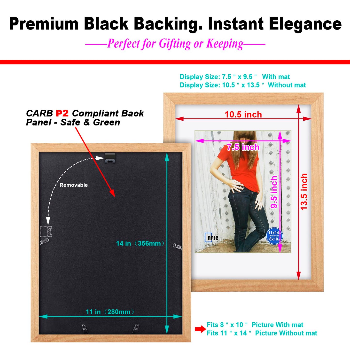 RPJC 11x14 Picture Frame Solid Wood, Fits 8x10 with Mat or 11x14 Without Mat, Real Glass Photo Frame for Wall Mounting, Black Gift-Ready in White Box, 2026 Natural