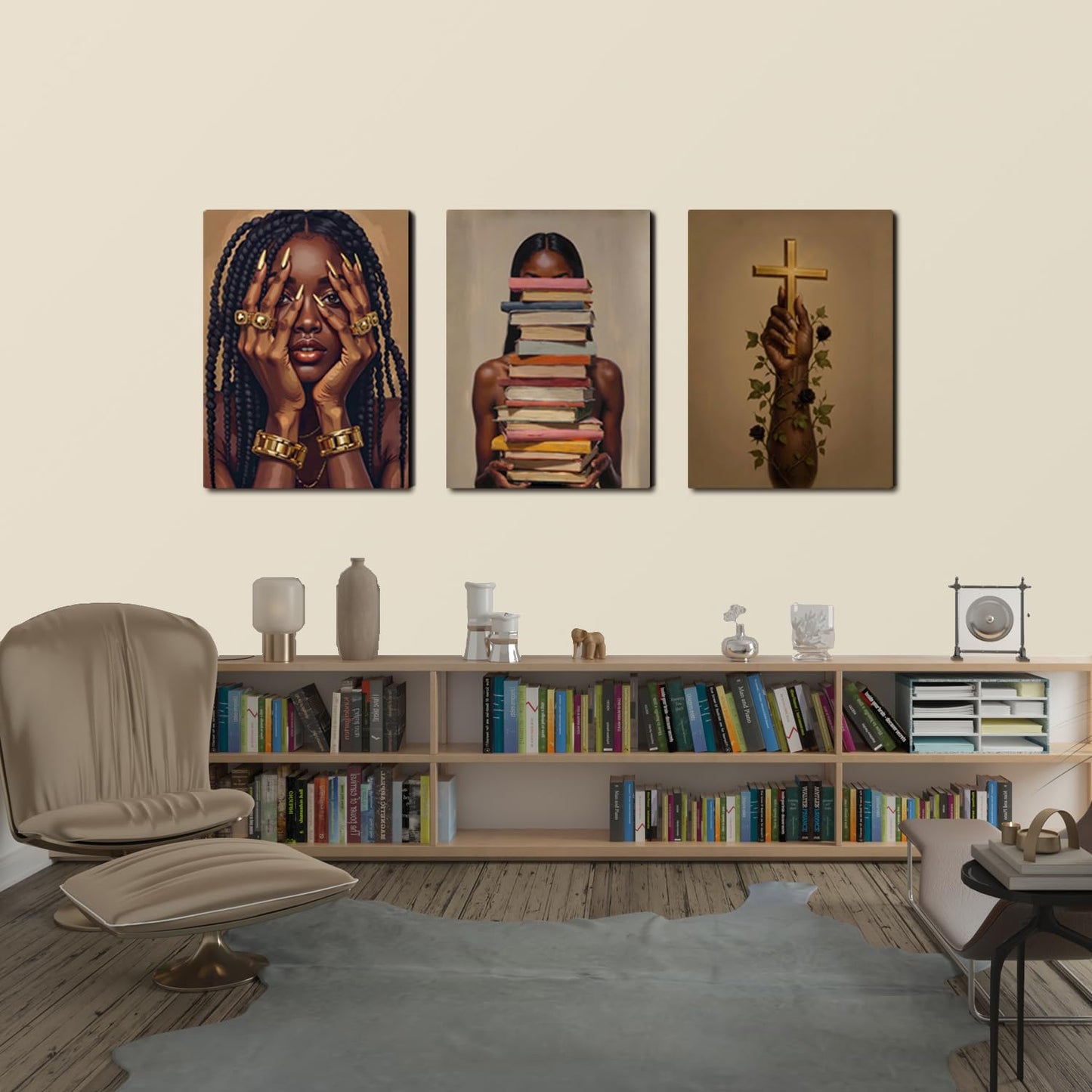 Black Woman Wall Art Canvas Print Set of 3 Framed Poster Picture Modern Artwork Wall Decor African American Artwork Canvas Wall Art 24x16 Inch for Living Room Bedroom Ofﬁce
