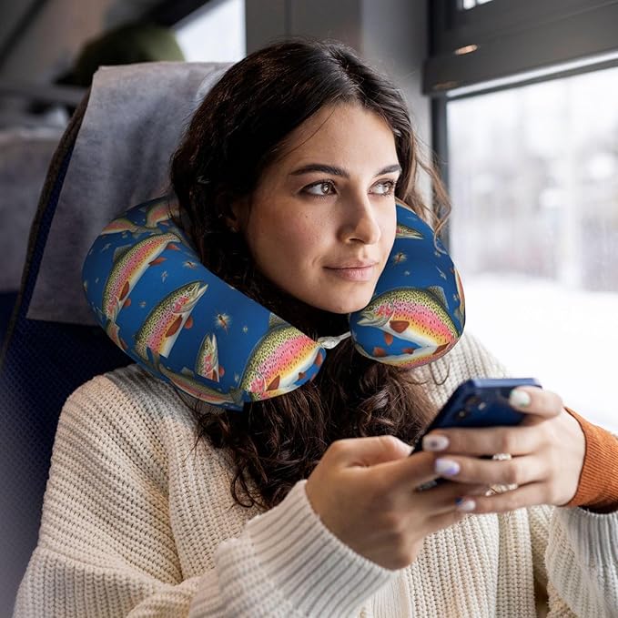 Breathable Neck Pillow for Sleeping Rest Nap Fish On Ombre, Airplanes/Car/Home Memory Foam Travel Cushion with Polyester Cover Washable for Women Men