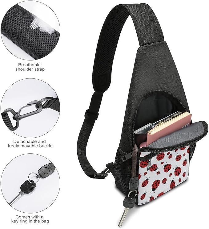 SWEET TANG Lightweight Sling Shoulder Backpack, Adjustable Gym Bags Red Ladybug White, Large Capacity Chest Cross Body Bag Daypack, Outdoor Multipurpose Bag