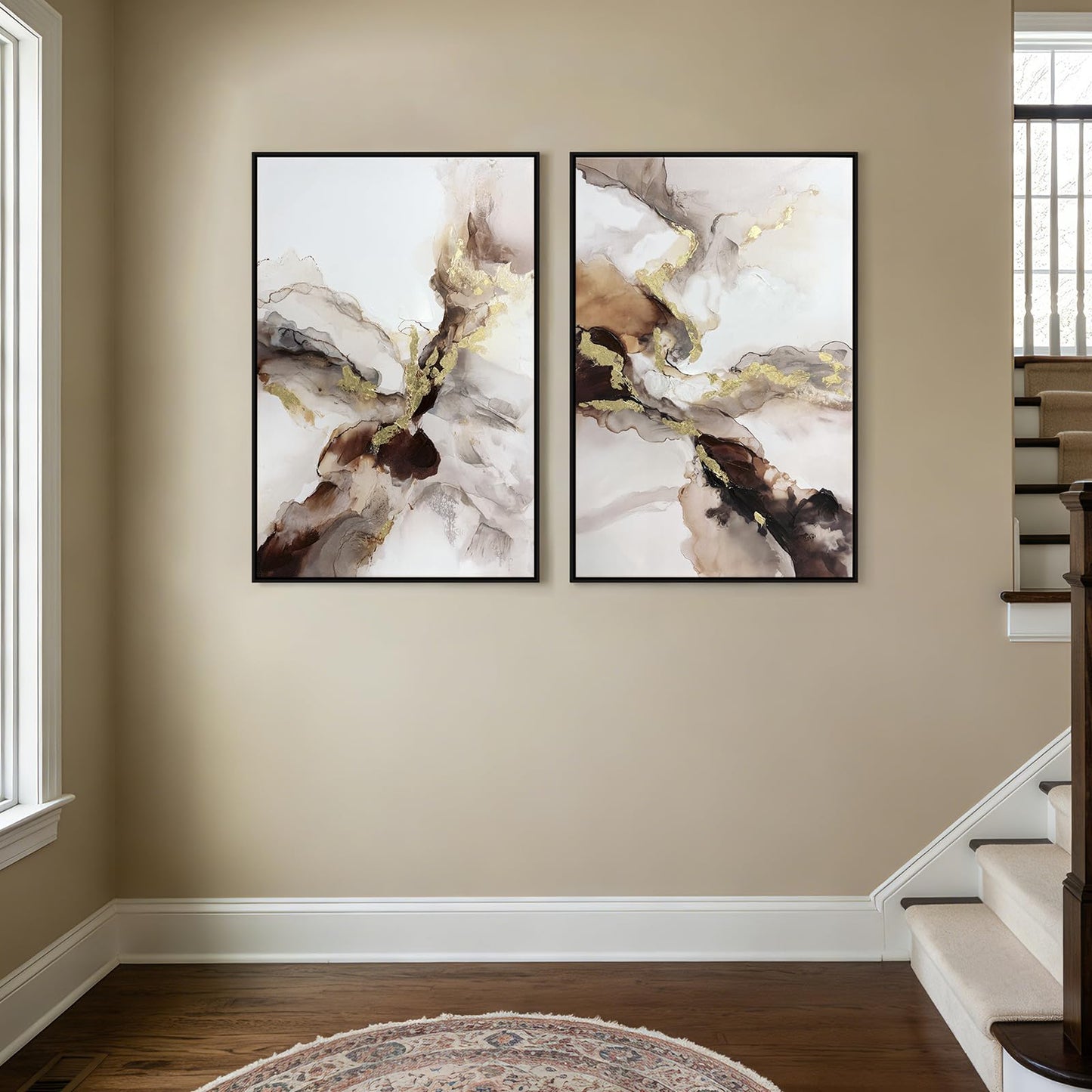 SAFERRYHOME Neutral Abstract Wall Art, Gold and Brown Marble Framed Canvas Wall Decor, Modern Fluid Texture Painting Artwork, Contemporary Minimalist Picture for Home Office Living Room, 24"x36"x2