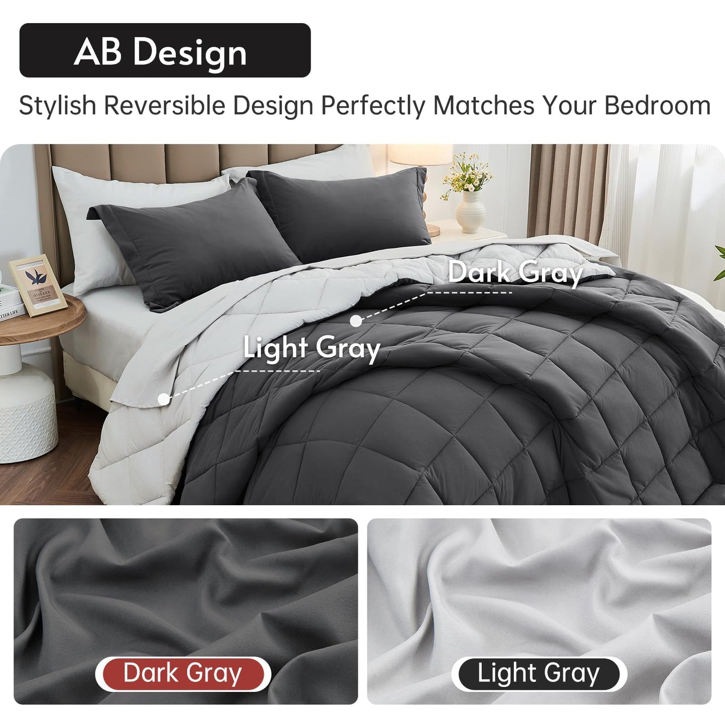 MUXHOMO 7 Pieces Queen Comforter Set, Reversible Bed in a Bag Queen Size, All Season Bedding Set with Comforter, Flat Sheet, Fitted Sheet, Pillowcases & Shams, Dark Grey & Light Grey