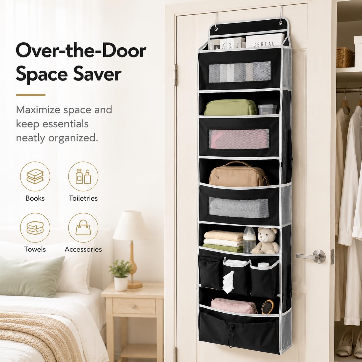1 Pack Over The Door Organizer Storage, Hanging Organizer Closet with 5 Large Pockets 6 Mesh Pockets, 50 lbs Weight Capacity, Behind Door Storage for Closet Nursery Bedroom Bathroom (Black)