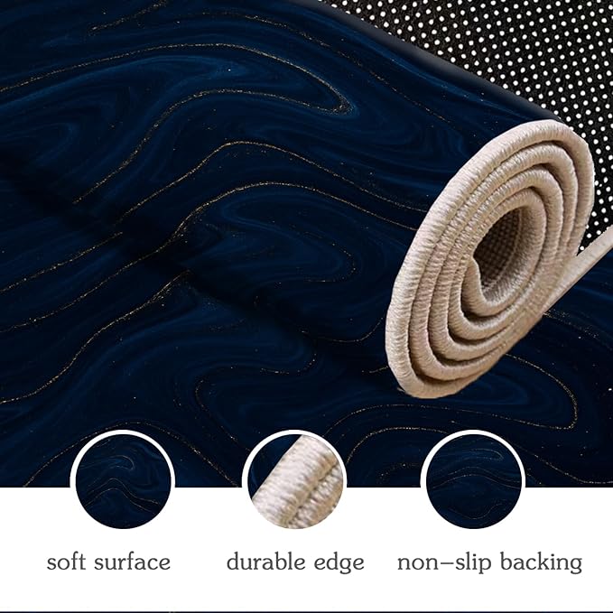 Luxury Marble Rug - 2x4 Rug, Navy Blue Marble Hallway Rugs, Modern Abstract Runner Rugs, Washable & Non Slip Small Carpet Home Decor