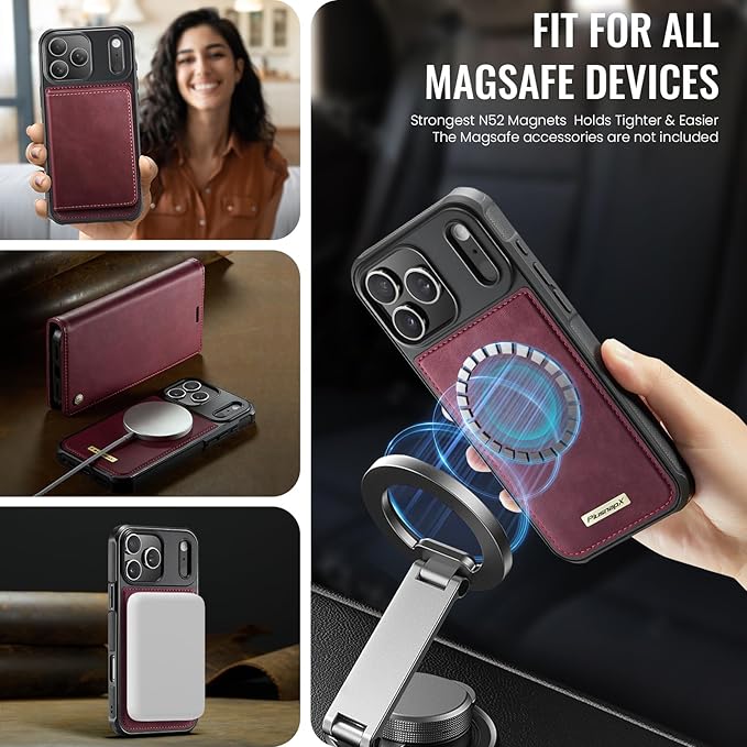 PlusnapX Wallet Case for iPhone 17 Pro Compatible with Magsafe, 2-in-1 PU Leather Flip RFID Blocking Card Holder Stand Shockproof Magnetic Detachable Case for iPhone 17 Pro Case 6.3", Burgundy