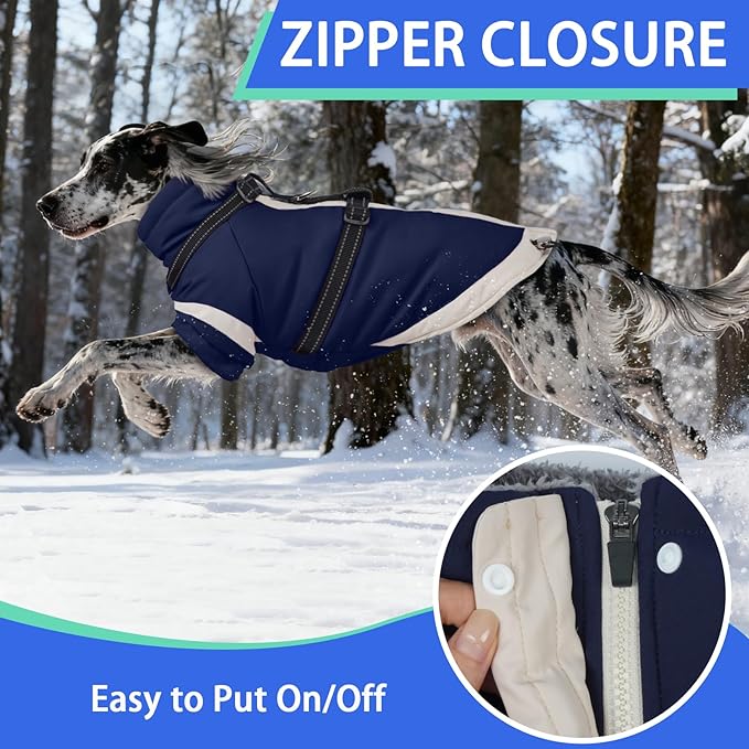MIGOHI Rainproof Dog Winter Jacket with Harness,XXL Large Fleece Dog Coat with Sleeves,Adjustable Pet Puffer Jacket Snowsuit Cold Weather Coats for Golden Labrador Retriever,XXL,NavyBlue