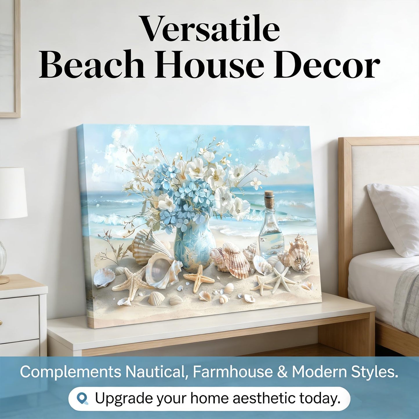 Blue Ocean Beach Bathroom Canvas Wall Art Seaside Seashell Painting Picture Wall Decor Starfish with White Flower Coastal Poster Print Artwork for Living Room Bedroom Bathroom Decor 12x16 in Canvas