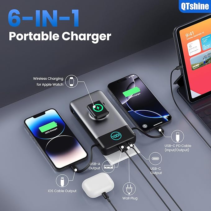 Portable Charger for iPhone, 40800mAh Power Bank with Built-in Cables & AC Wall Plug, All in One 5 Outputs USB C Fast Charging External Battery Pack for iPhone 17/16/15/14, Android, Travel Essential