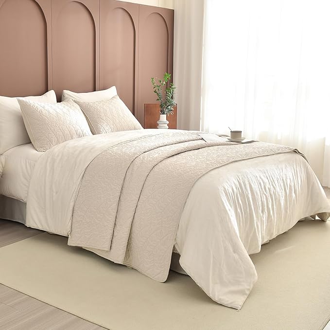 Sanracie California King Quilt Set 128"x 120", Wheat Colored 100% Cotton Oversized King Bedspread Coverlet Set Leaves Quilting 3Pcs Extra Large Wide Quilt Bedding Set for All Season Lightweight Soft
