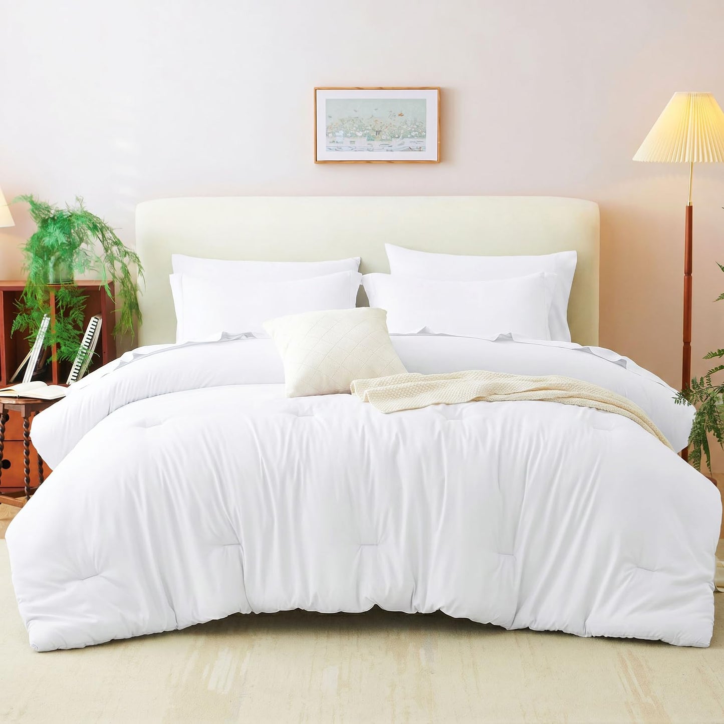 CozyLux Queen Comforter Set White, 7 Pieces Bed in a Bag Queen Comforter Set with Sheets, Soft Bedding Sets with Down Alternative Comforter, Sheets, Pillowcases & Shams, Bed Set Gift for All Seasons