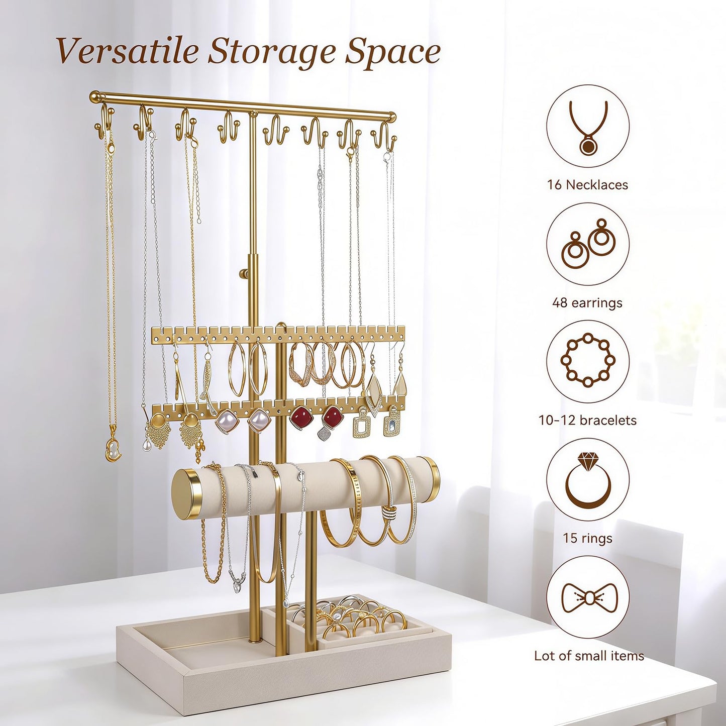 Sorcozn 3 Tier Jewelry Organizer Stand with Ring Tray - Adjustable Tall 17.7" (Max), Jewelry Holder for Necklace, Bracelet, Earring, Ring Storage, Jewelry Display Storage Stand for Women