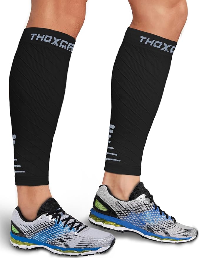 Thoxcare Calf Compression Sleeve for Men Women (1 Pair), Leg Support Footless Compression Socks for Running - Shin Splint Varicose Veins Swelling & Pain Relief, Black/Gray, Large
