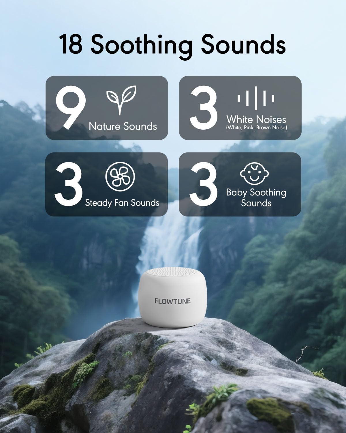 FLOWTUNE Sound Machine White Noise Machine for Baby Adults, 18 Non-looping Sounds, Timer, Memory Function, Portable Sleep Sound Therapy Gift (White)